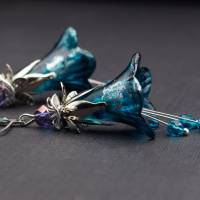 Blütenohrringe, blau, türkis, lila, silber, Blumen Bild 3