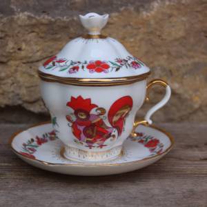 Lomossov Teetasse mit Deckel / Sammeltasse mit Hahn und Paradiesvogel / LFZ Porzellan Made in Russia 60er Jahre Bild 1