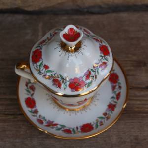 Lomossov Teetasse mit Deckel / Sammeltasse mit Hahn und Paradiesvogel / LFZ Porzellan Made in Russia 60er Jahre Bild 3