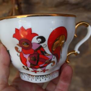 Lomossov Teetasse mit Deckel / Sammeltasse mit Hahn und Paradiesvogel / LFZ Porzellan Made in Russia 60er Jahre Bild 7