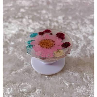 Popsocket, Handyhalter Epoxidharz Blumen rosa weiß Schimmer