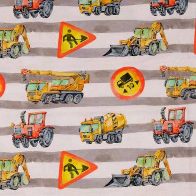 ♕ beiger Jersey mit Baufahrzeugen Bagger gestreift 50 cm x 150 cm Nähen Stoff ♕