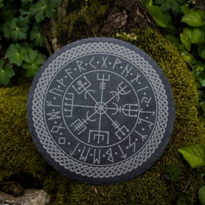 Vegvisir Wikinger-Kompass runde Schieferplatte graviert 20 cm Durchmesser - nordische Mythologie