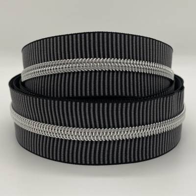 Reißverschluss Silver-Stripes, breit, schwarz-grau/ silberne Spirale