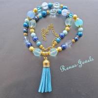 Bettelkette kurz Perlen Kette blau goldfarben Perlenkette Velours Quaste Anhänger Bohokette Bild 1