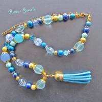 Bettelkette kurz Perlen Kette blau goldfarben Perlenkette Velours Quaste Anhänger Bohokette Bild 2