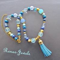Bettelkette kurz Perlen Kette blau goldfarben Perlenkette Velours Quaste Anhänger Bohokette Bild 4