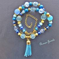 Bettelkette kurz Perlen Kette blau goldfarben Perlenkette Velours Quaste Anhänger Bohokette Bild 6