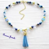 Bettelkette kurz Perlen Kette blau goldfarben Perlenkette Velours Quaste Anhänger Bohokette Bild 8