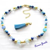 Bettelkette kurz Perlen Kette blau goldfarben Perlenkette Velours Quaste Anhänger Bohokette Bild 9