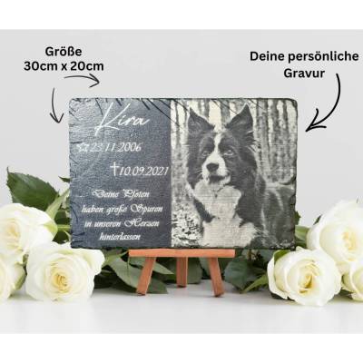 Tiergrabstein/Gedenktafeln (30x20cm) aus Schiefer mit persönlicher Wunschgravur/Urnengrab/Grabschmuck/Fotogravur
