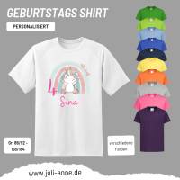 Personalisiertes Shirt GEBURTSTAG Zahl & Name personalisiert Regenbogen Dino Einhorn Bild 1
