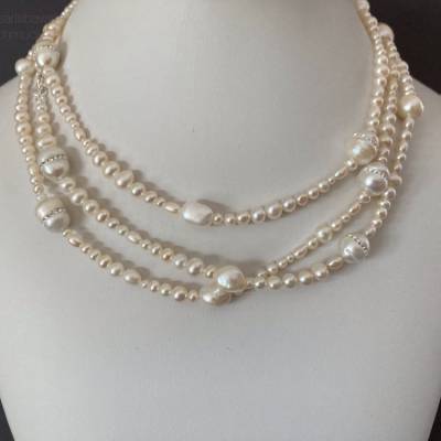 Perlenkette extra lang 140 cm, weiß, Zuchtperlenkette mit Zirkonia, besonderes Geschenk, Handarbeit aus Bayern