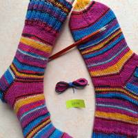 Wollsocken, handgestrickte Socken, Gr 40/41, gestrickte Socken, pink-gelb - türkis Bild 2