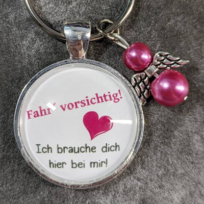 Schlüsselanhänger mit Perlenengel und der Botschaft Fahr vorsichtig! in pink, lila, rosa