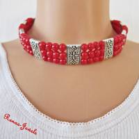 Kropfkette Halsband Kropfband Perlenkette rot silberfarben Perlen Kette Bild 2