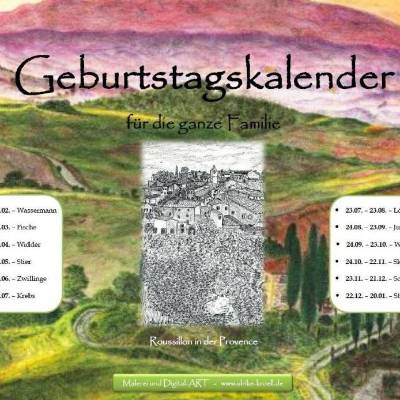 14-seitiger farbiger Geburtstagskalender - mit Sternzeichen,  PDF – DIN A4 zum Ausdrucken
