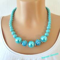 Perlen Kette kurz Collier Perlenkette türkisblau blau silberfarben Shamballaperlen Bild 1