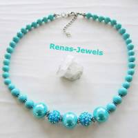 Perlen Kette kurz Collier Perlenkette türkisblau blau silberfarben Shamballaperlen Bild 2