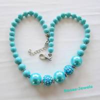 Perlen Kette kurz Collier Perlenkette türkisblau blau silberfarben Shamballaperlen Bild 6