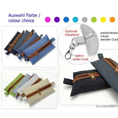 Täschchen Outdoorstoff jeansblau sand ZIPPER cognac-braun, Inhalator Kopfhörer, Männergeschenk, BuntMixxDESIGN