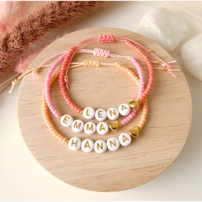 Namensarmband Herz, Freundschaftsarmband, pink, korallenrot, orange, personalisierbar, Miyuki Perlen, Geschenk Freundin