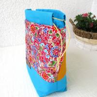 Projekttasche Handarbeitsbeutel Kordelzugbeutel aus Baumwolle bunt Blumennmuster  türkis Bild 10