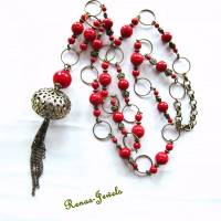 Bettelkette lang rot bronzefarben Perlenkette mit Quaste Anhänger Perlen Kette Bild 1