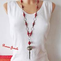 Bettelkette lang rot bronzefarben Perlenkette mit Quaste Anhänger Perlen Kette Bild 2