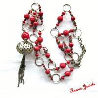 Bettelkette lang rot bronzefarben Perlenkette mit Quaste Anhänger Perlen Kette Bild 3