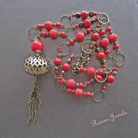 Bettelkette lang rot bronzefarben Perlenkette mit Quaste Anhänger Perlen Kette Bild 4