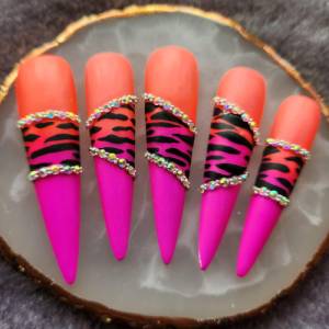 Press-On Nails/Nägel , Neon Pink Ombre Orange, Tiger, edel, elegant, Rhinestones, Strass Bild 1