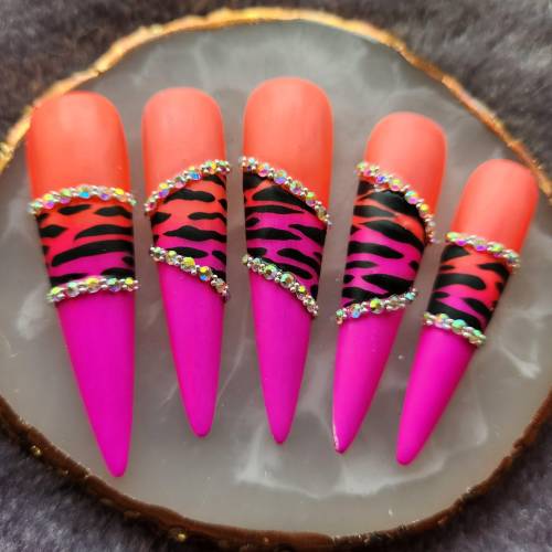 Press-On Nails/Nägel , Neon Pink Ombre Orange, Tiger, edel, elegant, Rhinestones, Strass