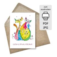 Glückwunschkarte mit Katzen CON-CAT-ULATIONS!, Postkarten/Klappkarten, DIY basteln ausdrucken digitale Datei Bild 1