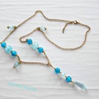 Bettelkette lang blau goldfarben mit abnehmbaren Anhänger Bettel Kette Glasperlen Perlenkette Glaskette Bild 2