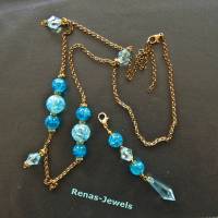 Bettelkette lang blau goldfarben mit abnehmbaren Anhänger Bettel Kette Glasperlen Perlenkette Glaskette Bild 4