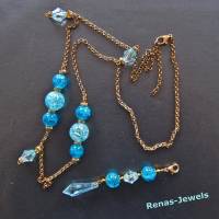 Bettelkette lang blau goldfarben mit abnehmbaren Anhänger Bettel Kette Glasperlen Perlenkette Glaskette Bild 6