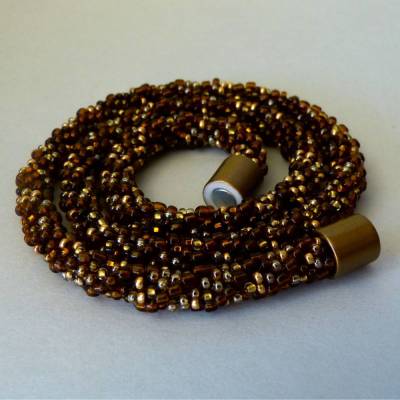 Elegante Häkelkette, braun mit gold, silber + kupfer, 54 cm, Halskette, Glasperlen gehäkelt, Perlenkette, Häkelschmuck