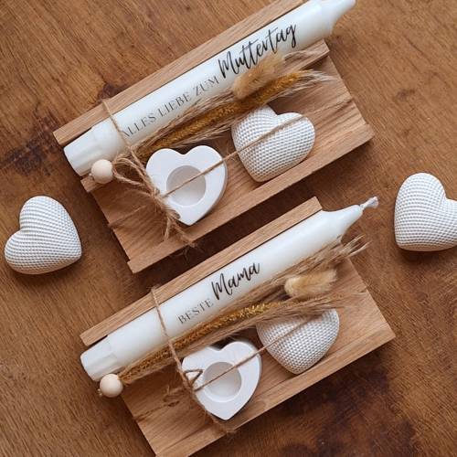 Muttertag - Kerze mit verschiedenen Sprüchen Kerzenhalter Herz Stabkerze mit Spruch Dekoherz Geschenkset für M