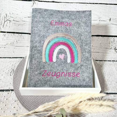 Mädchen Zeugnismappe aus Filz Regenbogen Zeugnisordner mit Name personalisiert