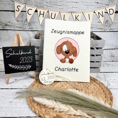 Mädchen Zeugnismappe aus Filz Hund Fridolin personalisiert