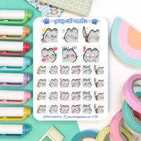 Graue Katzen Emotes Aufkleber. Niedliche Emoji Planer Sticker Sheet mit fetten Kätzchen für Bullet Journ Bild 1