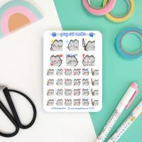 Graue Katzen Emotes Aufkleber. Niedliche Emoji Planer Sticker Sheet mit fetten Kätzchen für Bullet Journ Bild 2