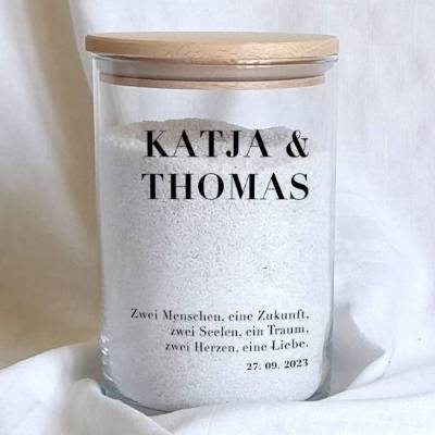 Sandzeremonie Glas mit Holzdeckel Hochzeitsbrauch Windlicht Design Typography