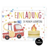 12 Einladungskarten Feuerwehr mit passend farbig bedruckten Umschlägen Bild 1