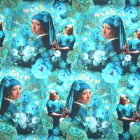 ♕ Jersey mit Mädchen Magd Vermeer blau türkis 50 x 150 cm Nähen Stoff ♕ Bild 3