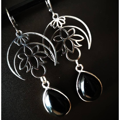 Ohrringe, Ohrhänger, Edelstahl und Obsidan, 1 Paar