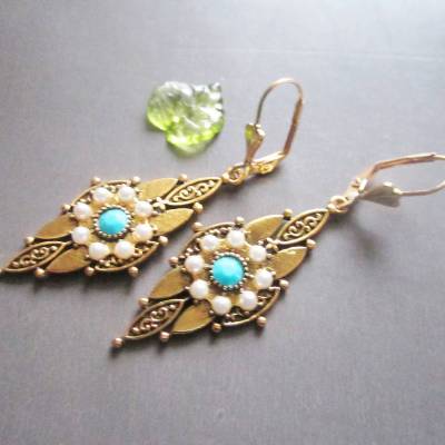 Ohrschmuck goldene Hängeohrringe in Raute Form, Türkis Perlen Kristall Ohrringe Tudor Ohrringe, Renaissance Ohrschmuck