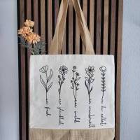 Umhängetasche aus Jute mit Blumen und Schrift Bild 1