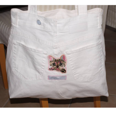 Jeanstasche Weiß Katze Shopper Tragetasche upcycling Markttasche